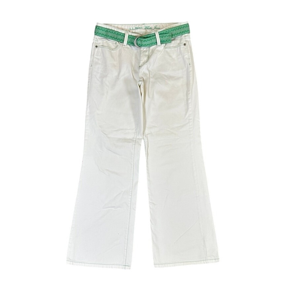 LL Bean White Jean Wide Leg Pants Green Contrast Stitching with Belt Size 8 Reg